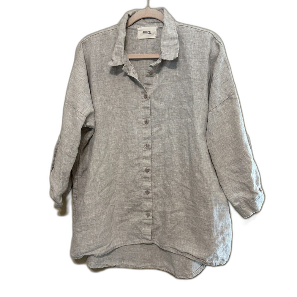 Adeptt Button Up Tunic Top Womens 2XL Tan Brown 100% Linen Relaxed Lagenlook